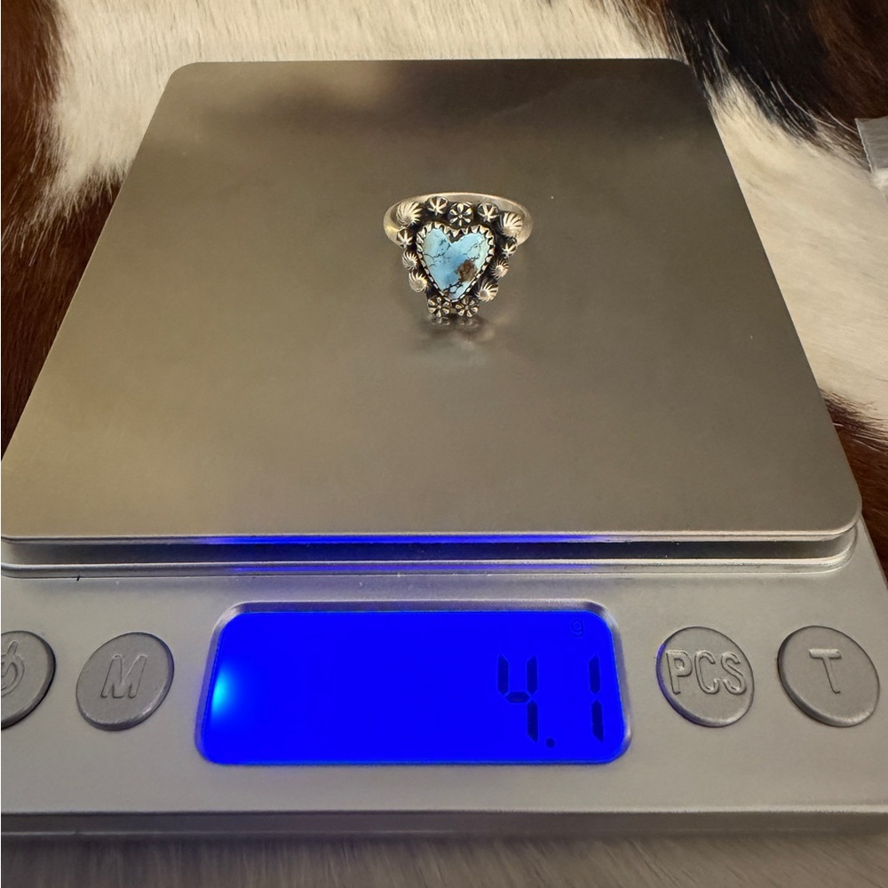 ❤️ Golden Hills Turquoise Decorative Heart Sz 9 Ring Matte Sterling Navajo Style - Picture 11 of 15
